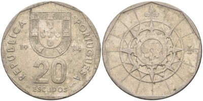 Португалия 20 эскудо 1986 KM 634 медно-никель 4572-1044