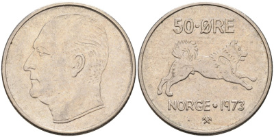 Норвегия 50 эре 1973 Улаф V (1957-1991), собака KM 408 медно-никель 4582-724