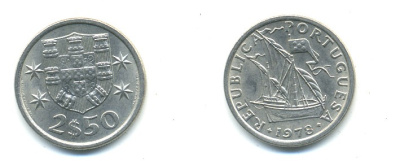 ПОРТУГАЛИЯ 2,5 ЭСКУДО 1978 ПАРУСНИК KM 590 медно-никель 176-137