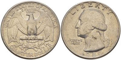 США 25 центов (квотер) 1980 P, Вашингтон KM А164а медь плакированная медно-никелем 31-736