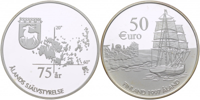 Финляндия 50 евро 1997 75 лет Аландскому самоуправлению, корабль серебро PROOF 04-092-11