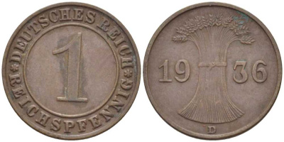 ГЕРМАНИЯ 1 РЕЙХСПФЕННИГ 1936 D KM 37, J. 313, Weege 2 бронза 211-132