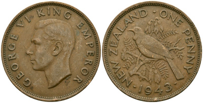 Новая Зеландия 1 пенни 1943 Георг VI (1936-1952), новозеландский туи KM 13 бронза 4165-1215