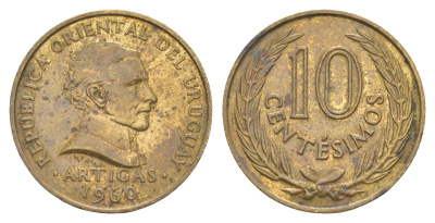 Уругвай 10 сентесимо 1960 KM 39 никель латунь 4163-347