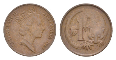 Австралия 1 цент 1987 Елизавета II (1952-2022), второй портрет, опоссум KM 78 бронза 4655-1225