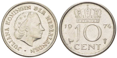 НИДЕРЛАНДЫ 10 ЦЕНТОВ 1974 ЮЛИАНА (1948-1980) KM 182 никель 116-468