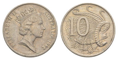Австралия 10 центов 1992 Елизавета II (1952-2022), птица лирахвост KM 81 медно-никель 4384-216