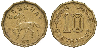 Уругвай 10 сентесимо 1976 KM 66 алюминиевая бронза 4164-752