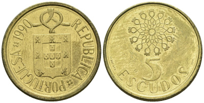 Португалия 5 эскудо 1990 KM 632 никель латунь 4148-445