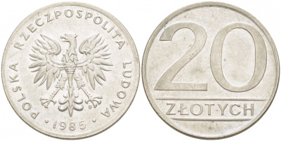 ПОЛЬША 20 ЗЛОТЫХ 1985 MW KM 153.1 медно-никель 77-713