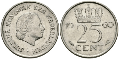 НИДЕРЛАНДЫ 25 ЦЕНТОВ 1960 ЮЛИАНА KM 183 никель 96-144