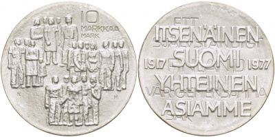 Финляндия 10 марок 1977 K-H, 60 лет независимости (1917-1977) KM 55 серебро UNC 1515-1425