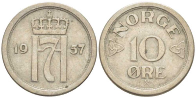 НОРВЕГИЯ 10 ЭРЕ 1957 ХАКОН VII (1905-1957) KM 396 медно-никель 211-1212