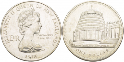 Новая Зеландия 1 доллар 1978 25 лет коронации Елизаветы II и открытие здания Парламента, Елизавета II (1952-2022) KM 47 медно-никель UNC 107-534