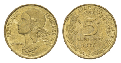 Франция 5 сантимов 1976 KM 933 алюминиевая бронза 4174-333