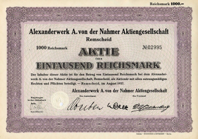 Германия 1000 рейхсмарок 1937 Александрверк А. фон дер Нахмер АГ Ремшайд, акция   бумага   8803-97-1