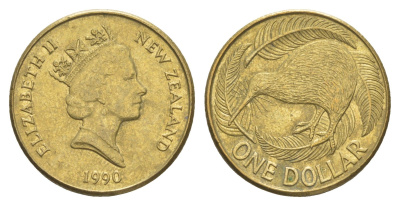 Новая Зеландия 1 доллар 1990 Елизавета II (1952-2022), птица киви KM 78 алюминиевая бронза 4652-251