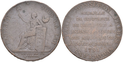 Франция 2 соля (су) 1791 LAN III, революции, токен, MONNERON FRERES NEGOCIANS A PARIS (Торговцы братья Моннерон. Париж) KM Tn23, Guilloteau 233 бронза 189-514