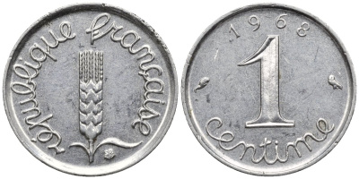 Франция 1 сантим 1968 KM 928, Le Franc 106.15 хромированная сталь 4124-1264