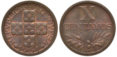 Португалия 10 сентаво 1951 редкий год, хорошее состояние KM 583 бронза 4164-166