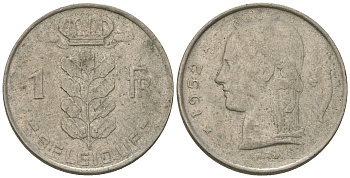 Бельгия 1 франк 1952 Belgique KM 142.1 медно-никель    4589-833