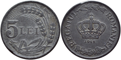 РУМЫНИЯ 5 ЛЕЙ 1942 МИХАЙ I (1940-1947), ВТОРАЯ МИРОВАЯ ВОЙНА KM 61 цинк 4390-1111