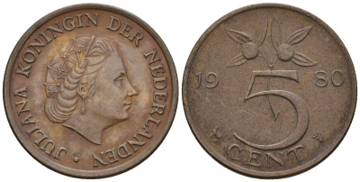 Нидерланды 5 центов 1980 Юлиана (1948-1980) KM 181 бронза 4606-1025
