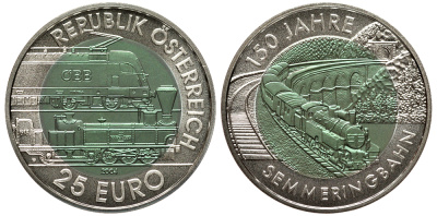 Австрия 25 евро 2004 история железной дороги, вставка из ниобия, зеленая KM 3109 биметалл, серебро UNC 00-820-65