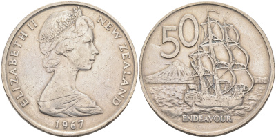 Новая Зеландия 50 центов 1967 Елизавета II (1952-2022), парусник Индевор KM 37.1 медно-никель 4590-522