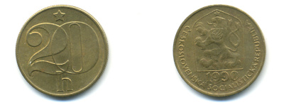 ЧЕХОСЛОВАКИЯ 20 ГЕЛЛЕРОВ 1980 KM 74 латунь 89-1817