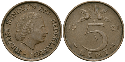 НИДЕРЛАНДЫ 5 ЦЕНТОВ 1961 ЮЛИАНА KM 181 бронза 95-345