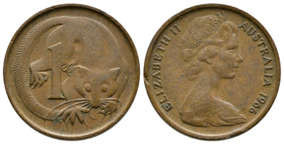 АВСТРАЛИЯ 1 ЦЕНТ 1966 ЕЛИЗАВЕТА II, МОЛОДОЙ ПОРТРЕТ, ОПОССУМ КМ 62 бронза 35-115