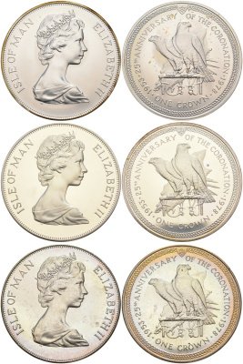 Остров Мэн 1 крона 1978 25 лет коронации королевы Елизаветы II, соколы, в буклете KM 43, 43а, 43а серебро, серебро, медно-никель PROOF, UNC, UNC 5-6-4-08