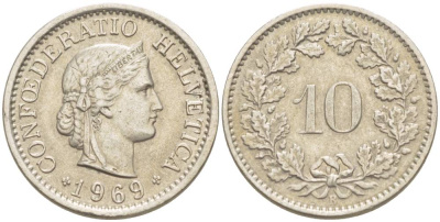 ШВЕЙЦАРИЯ 10 РАППЕНОВ 1969 В KM 27 медно-никель 4529-254