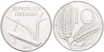 ИТАЛИЯ 10 ЛИР 1975 R, КОЛОСЬЯ, ПЛУГ KM 93 алюминий 4513-825