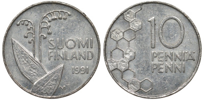 Финляндия 10 пенни 1991 KM 65 медно-никель 4124-626