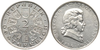 Австрия 2 шиллинга 1931 175 лет со дня рождения Моцарта KM 2847 серебро 413-6723