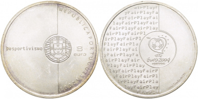 Португалия 8 евро 2003 Чемпионат Европы по футболу UEFA ЕВРО-2004 в Португалии, огненная игра КМ 752 серебро UNC 06-255-22