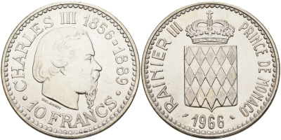 Монако 10 франков 1966 100 лет восхождению на престол Карла III KM 146 серебро UNC 1525-1325