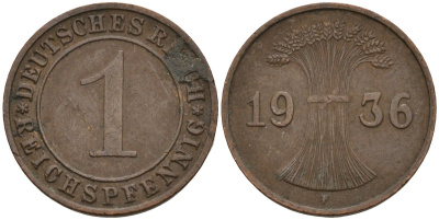 Германия 1 рейхспфенниг 1936 F KM 37, J. 313 бронза 4124-914