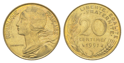Франция 20 сантимов 1997 KM 930 алюминиевая бронза 4539-732