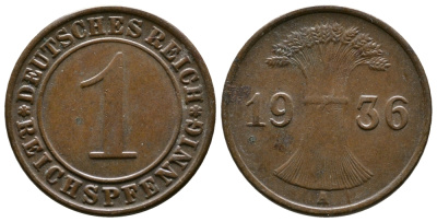 Германия 1 рейхспфенниг 1936 A KM 37, J. 313 бронза 220-157
