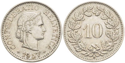 ШВЕЙЦАРИЯ 10 РАППЕНОВ 1957 В KM 27 медно-никель 216-1252