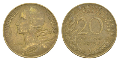 Франция 20 сантимов 1975 тип Morlon KM 930, Le Franc 156.15 алюминиевая бронза 4631-512