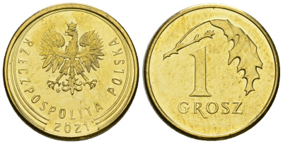 Польша 1 грош 2021 MW KM 923 сталь плакированная латунью 4585-127