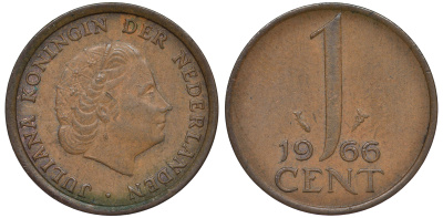 НИДЕРЛАНДЫ 1 ЦЕНТ 1966 ЮЛИАНА KM 180 бронза 45-419