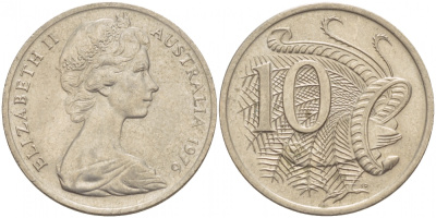 Австралия 10 центов 1976 Елизавета II (1952-), птица лирахвост KM 65 медно-никель UNC 4539-1115
