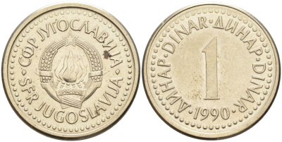 Югославия 1 динар 1990 KM 142 медь никель цинк 87-923