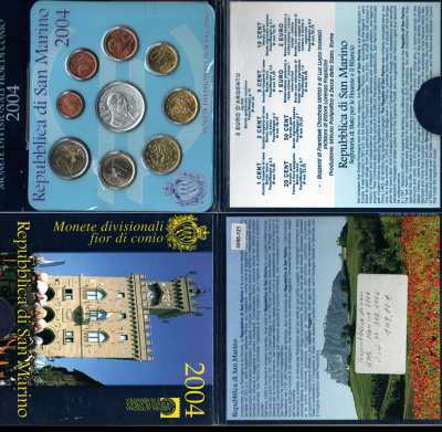 Сан-Марино годовой набор из 9 монет (1, 2, 5, 10, 20 и 50 евроцентов; 1, 2 и 5 евро) 2004 в оригинальном буклете, тираж 70.000 экземпляров KM MS64 (440, 441, 442, 443, 444, 445, 446, 447 и 458) BU 8-2-01-35