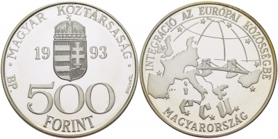 Венгрия 500 форинтов 1993 интеграция в ЕС, мост с Европой KM 704 серебро PROOF 11-171-25